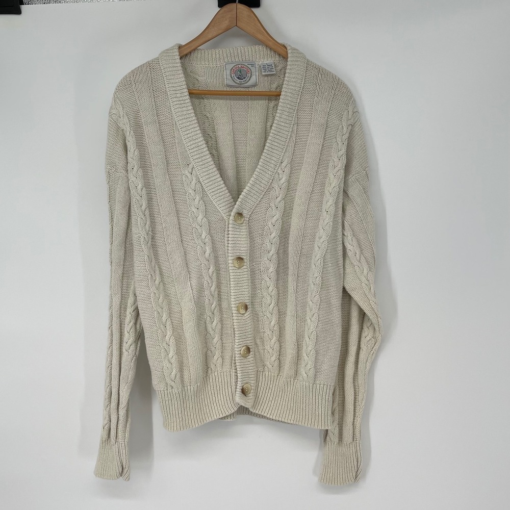 Cape Isle Knitters Cable Knit Cardigan Sweater Cream Ramie Cotton Mens L‎